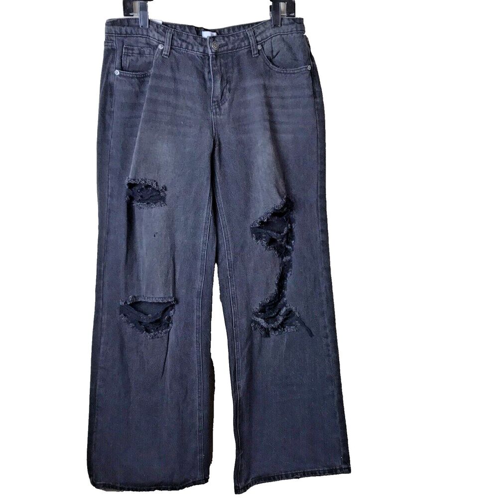 BP Women's Black Washed Low-Rise Wide Leg Super Distressed Jeans Size 31